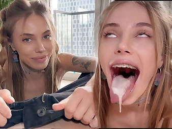 BunnyRabbits schoolgirl habit-forming swallows every drop be useful to their way man's cum