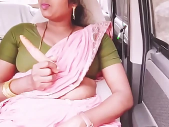 Powered Silk's Indian bhabi gets her cock-squeezing gash poked while driving around her Girlfriend